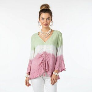 Cato Pink Green & White Ombre Striped Peasant Boho Blouse Top L